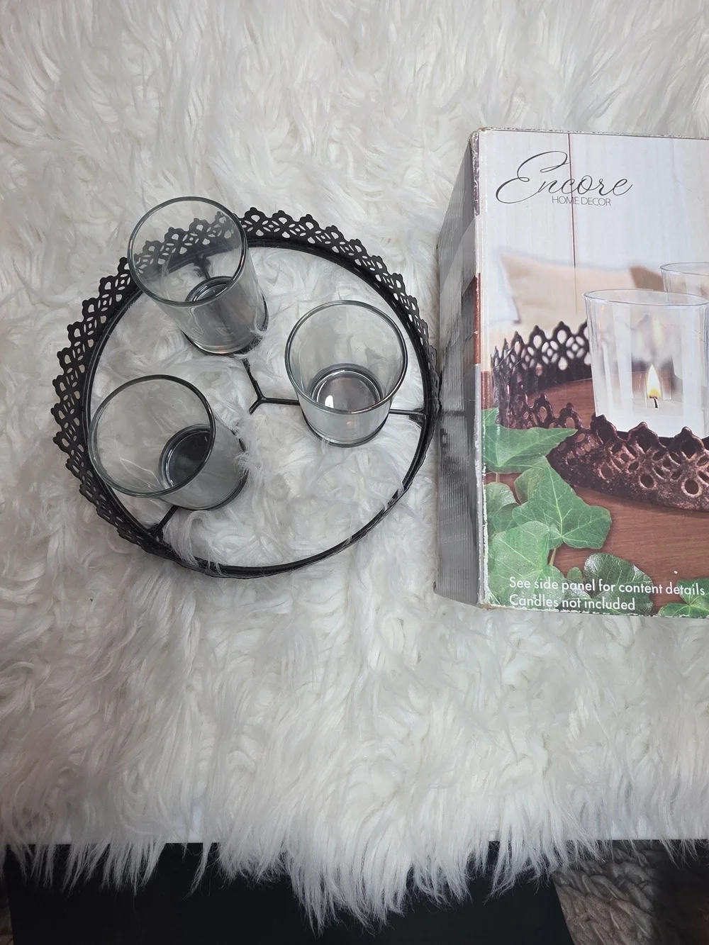 CHANEL Clear Glass Candle Holders with Brown Ornate Metal Tray